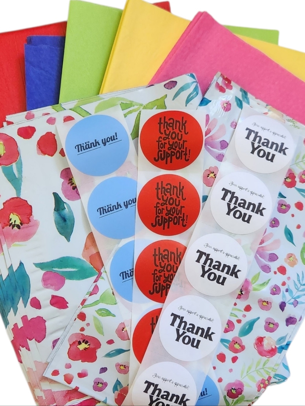 Shipping Supplies 10 x 13, 6 x 9 Polymailers,  Thank You Stickers,  Tissue Paper